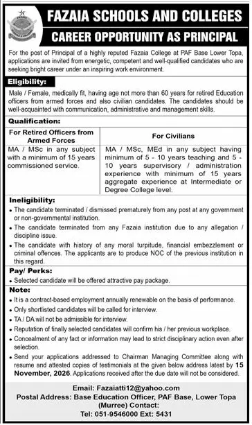 Job advertisement for Fazaia Schools and Colleges - Express October 25, 2026