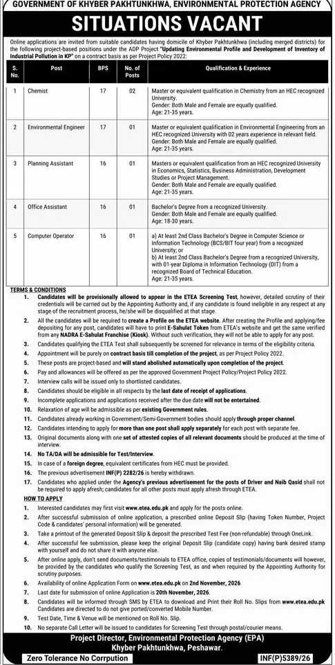 Job advertisement for Environmental Protection Agency (EPA), Government of Khyber Pakhtunkhwa - Express October 30, 2026