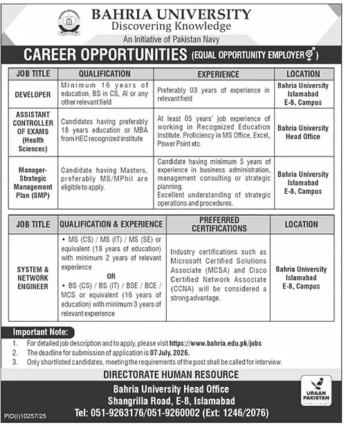 Job advertisement for Bahria University - The News International June 21, 2026