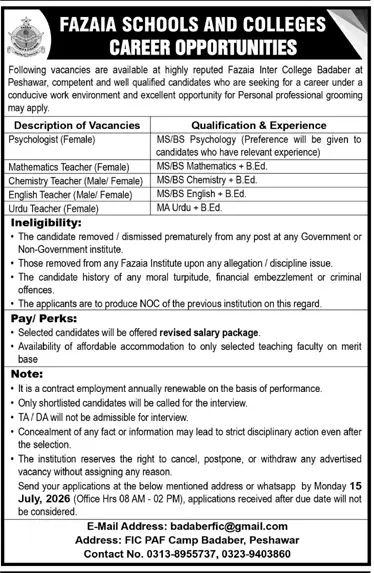 Job advertisement for Fazaia Inter College Badaber - Daily Mashriq July 5, 2026