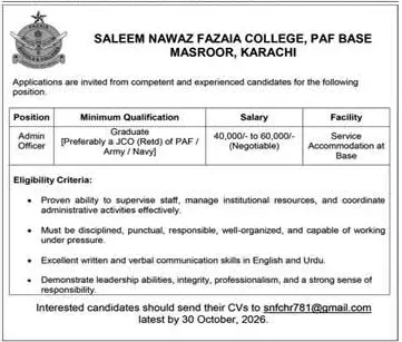 Job advertisement for Saleem Nawaz Fazaia College - Express October 25, 2026