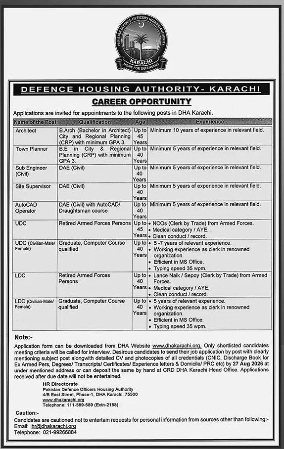Job advertisement for Pakistan Defence Officers Housing Authority (DHA) - Nawa-i-Waqt August 19, 2026