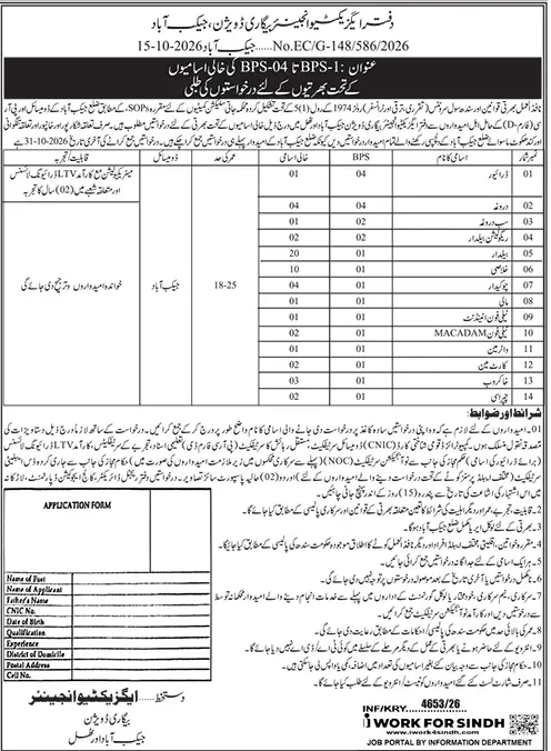 Job advertisement for Office of the Executive Engineer, Begari Division - Daily Jang October 30, 2026