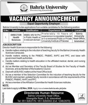 Job advertisement for Bahria University - Express October 18, 2026