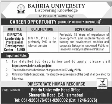 Job advertisement for Bahria University - Daily Jang June 21, 2026