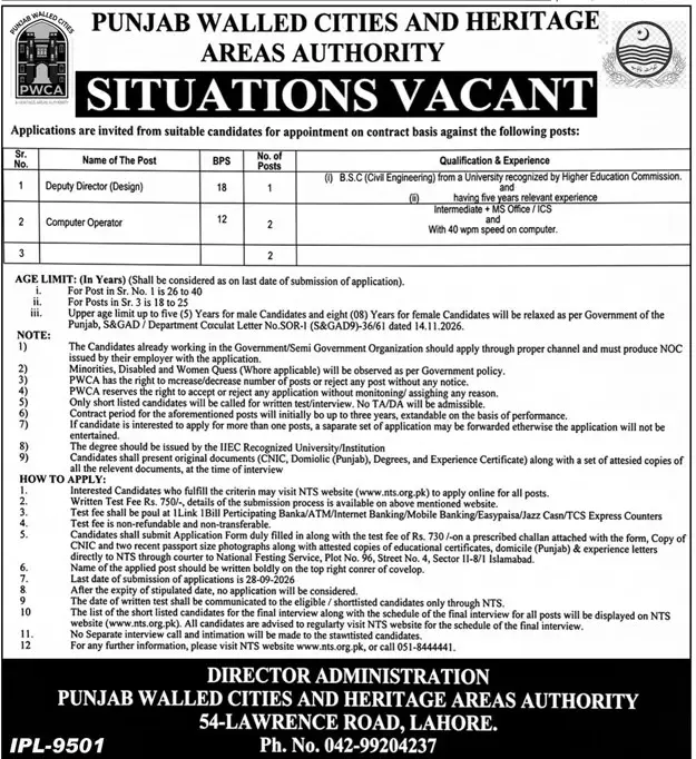 Job advertisement for Punjab Walled Cities and Heritage Areas Authority (PWCA) - Daily Jang September 12, 2026