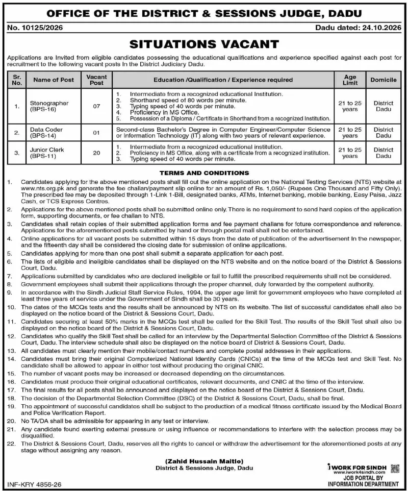 Job advertisement for Office of the District and Sessions Judge, Dadu - Dawn October 31, 2026