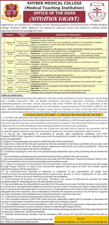 Job advertisement for Khyber Medical College (KMC), Medical Teaching Institution - Daily Aaj October 31, 2026