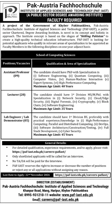 Job advertisement for Pak-Austria Fachhochschule: Institute of Applied Sciences and Technology (PAF-IAST) - Daily Mashriq October 31, 2026