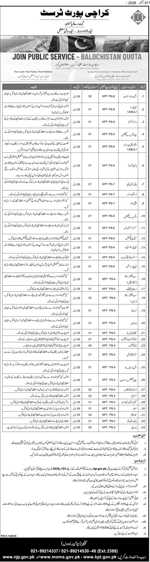 Job advertisement for Karachi Port Trust (KPT) - Daily Jang October 31, 2026
