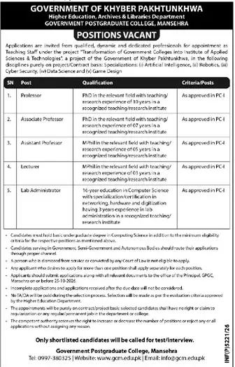 Job advertisement for Government Postgraduate College, Mansehra - Daily Aaj October 31, 2026