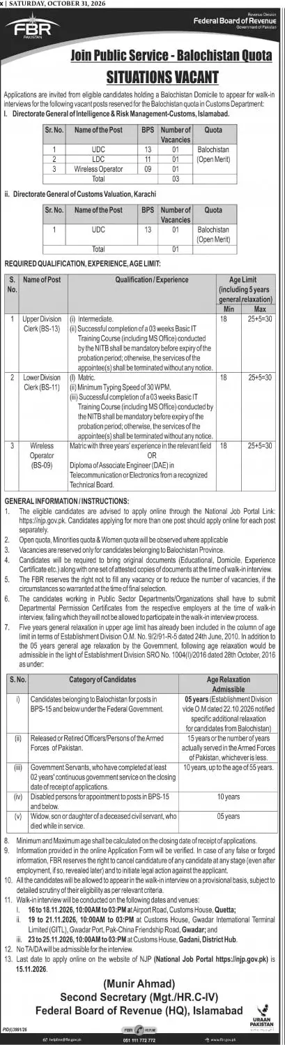 Job advertisement for Federal Board of Revenue (FBR) - The Express Tribune October 31, 2026